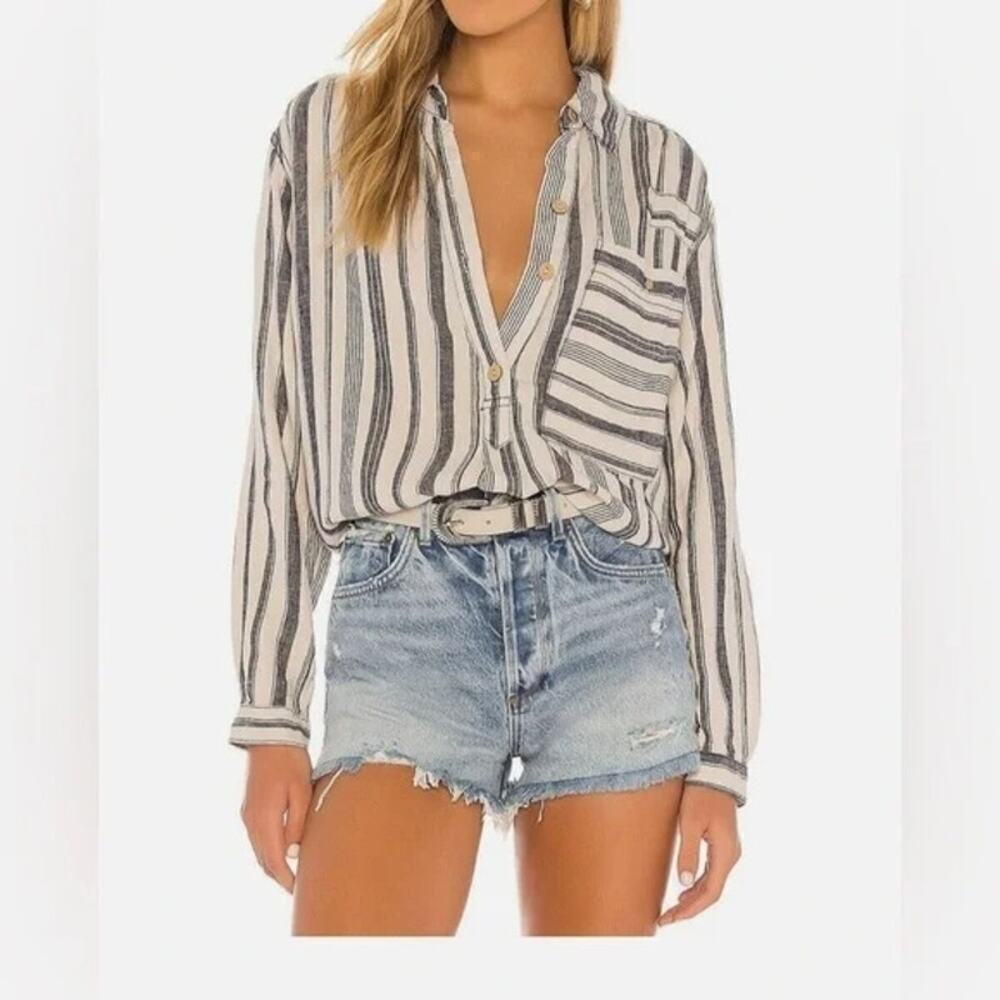 We The Free Women's White & Blue Summer Breeze Linen Stripe Popover Shirt Size S